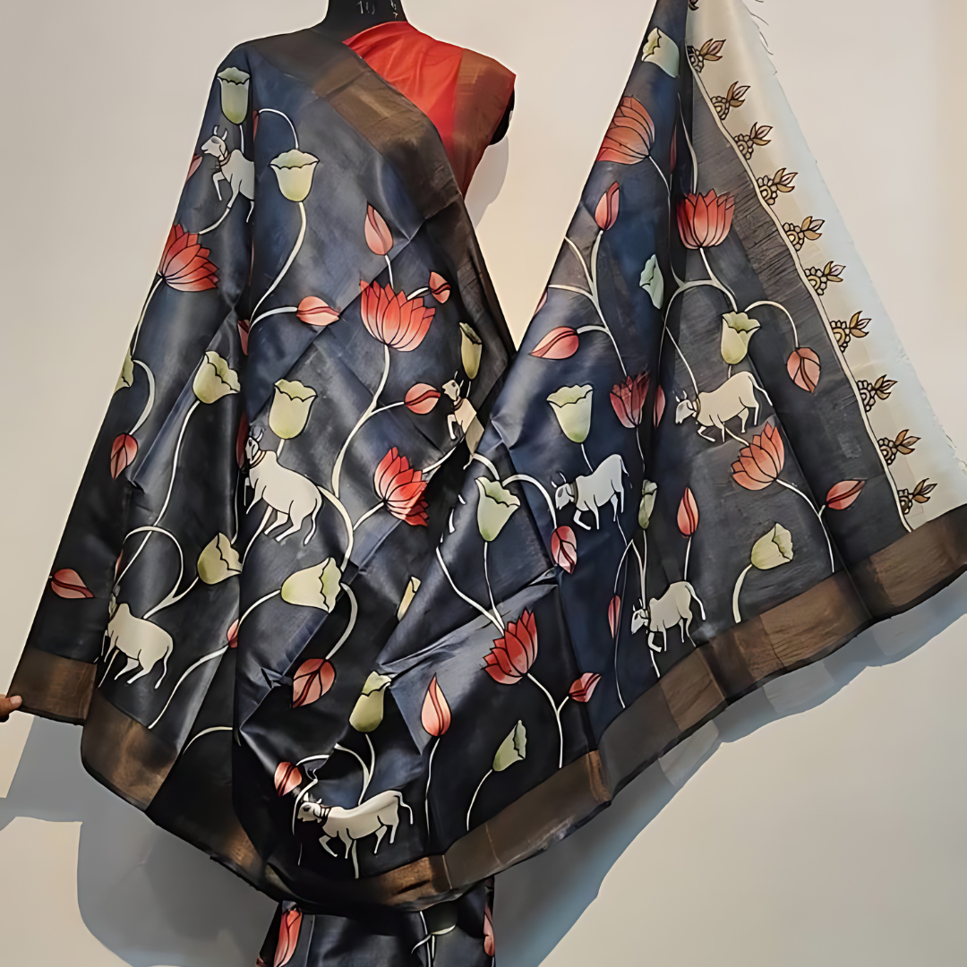 Luxurious Black and Red Premium Chanderi Cotton Silk Saree with Gold Patta