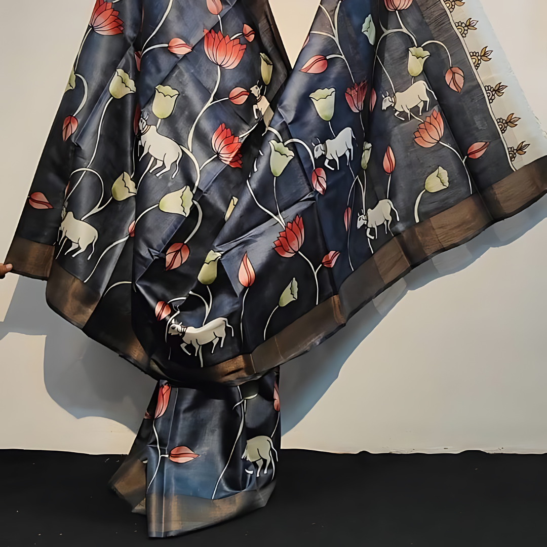 Luxurious Black and Red Premium Chanderi Cotton Silk Saree with Gold Patta