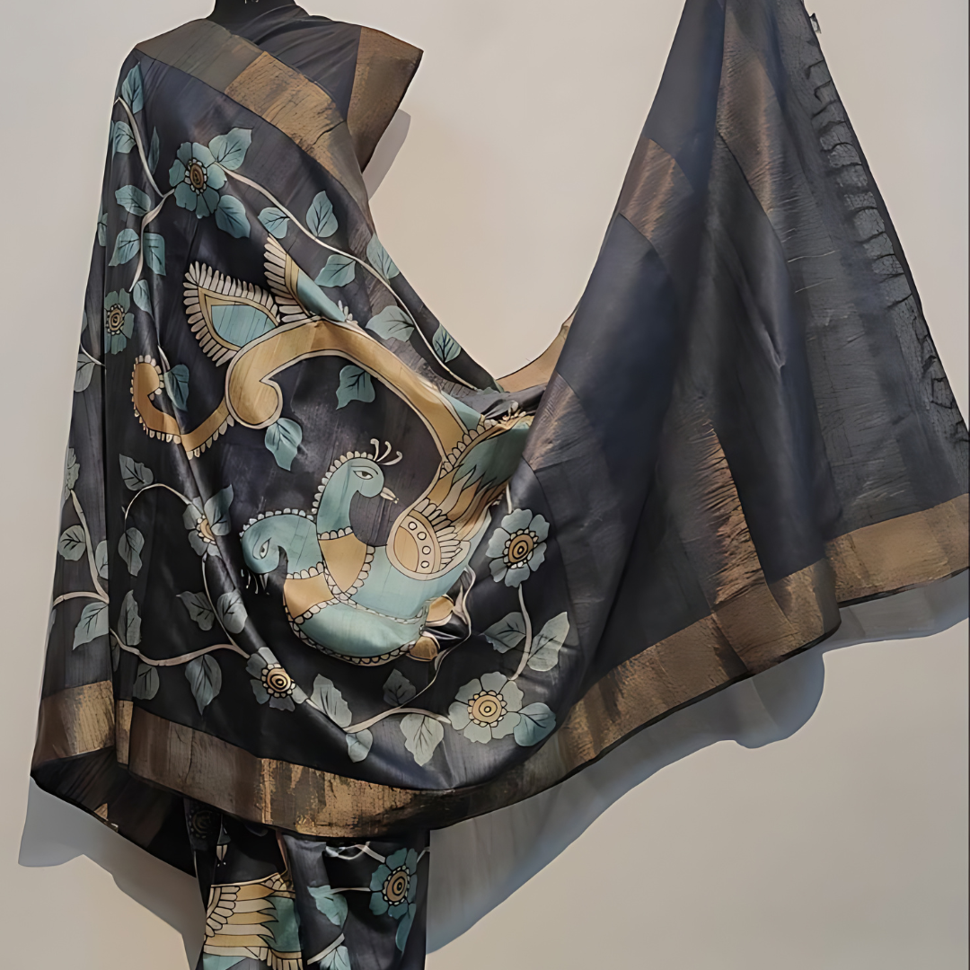 Luxurious Black Premium Chanderi Cotton Silk Saree with Gold Patta