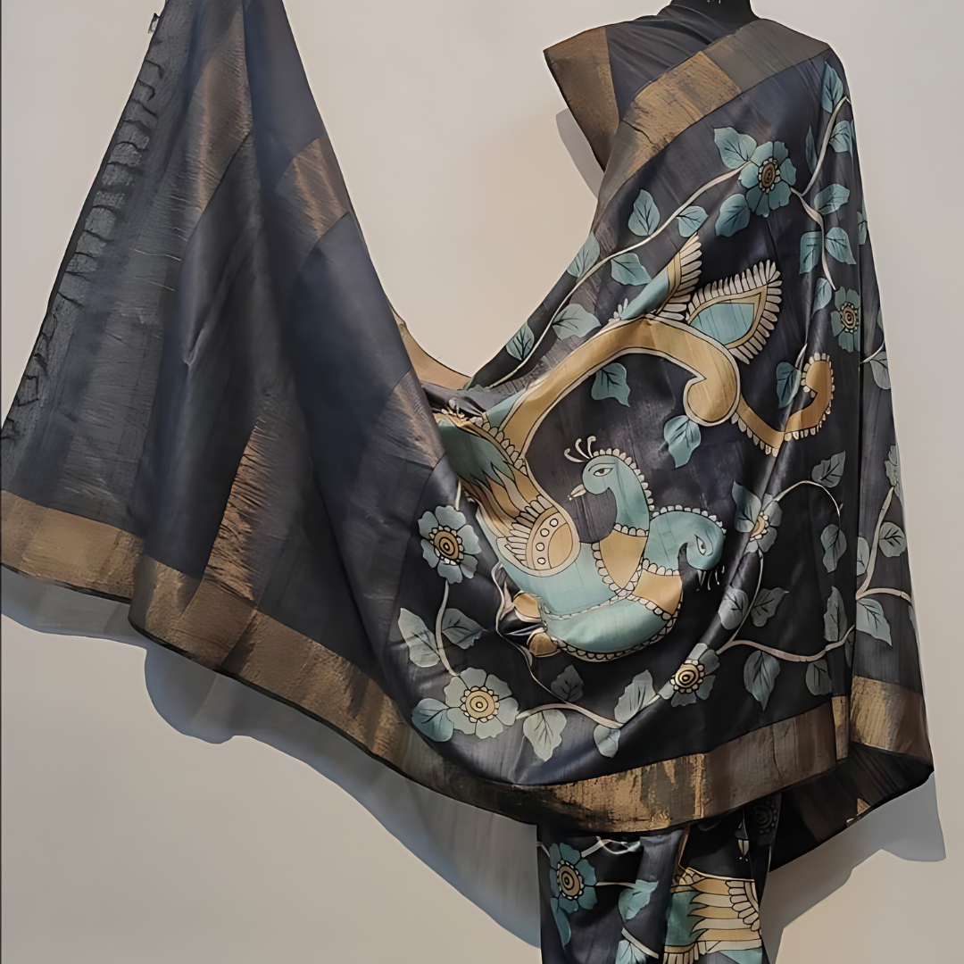 Luxurious Black Premium Chanderi Cotton Silk Saree with Gold Patta