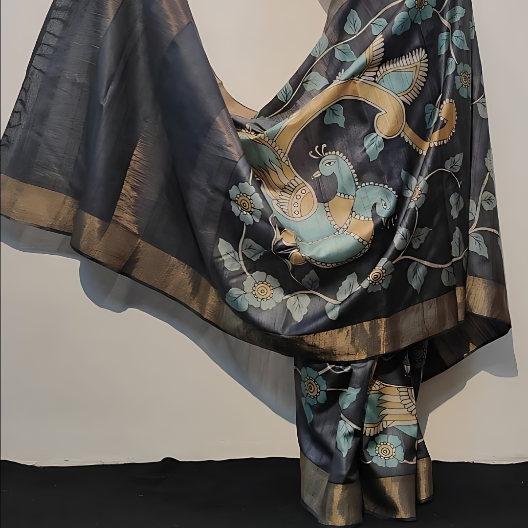 Luxurious Black Premium Chanderi Cotton Silk Saree with Gold Patta