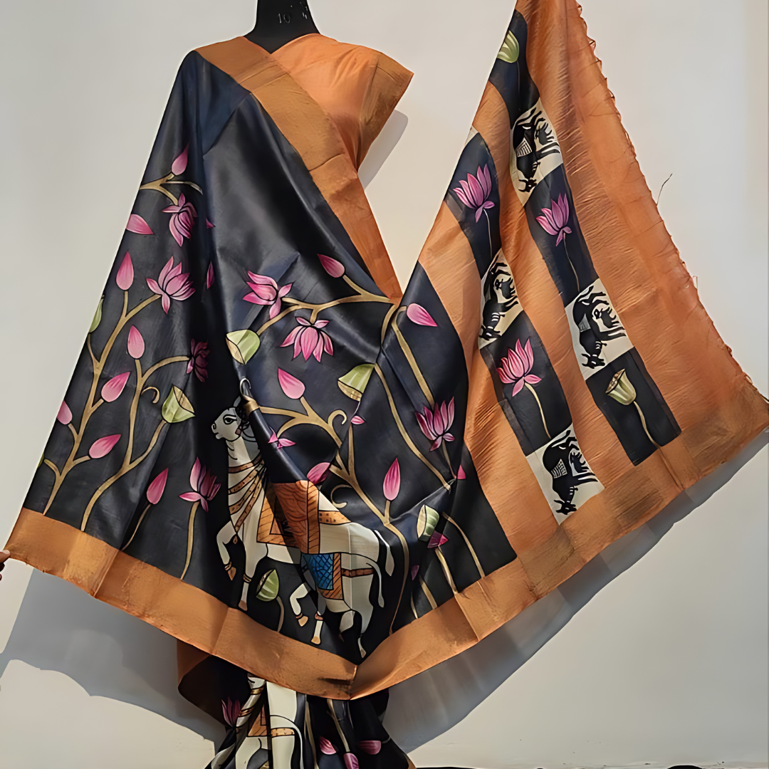 Luxurious Black Multicolor Premium Chanderi Cotton Silk Saree with Gold Patta