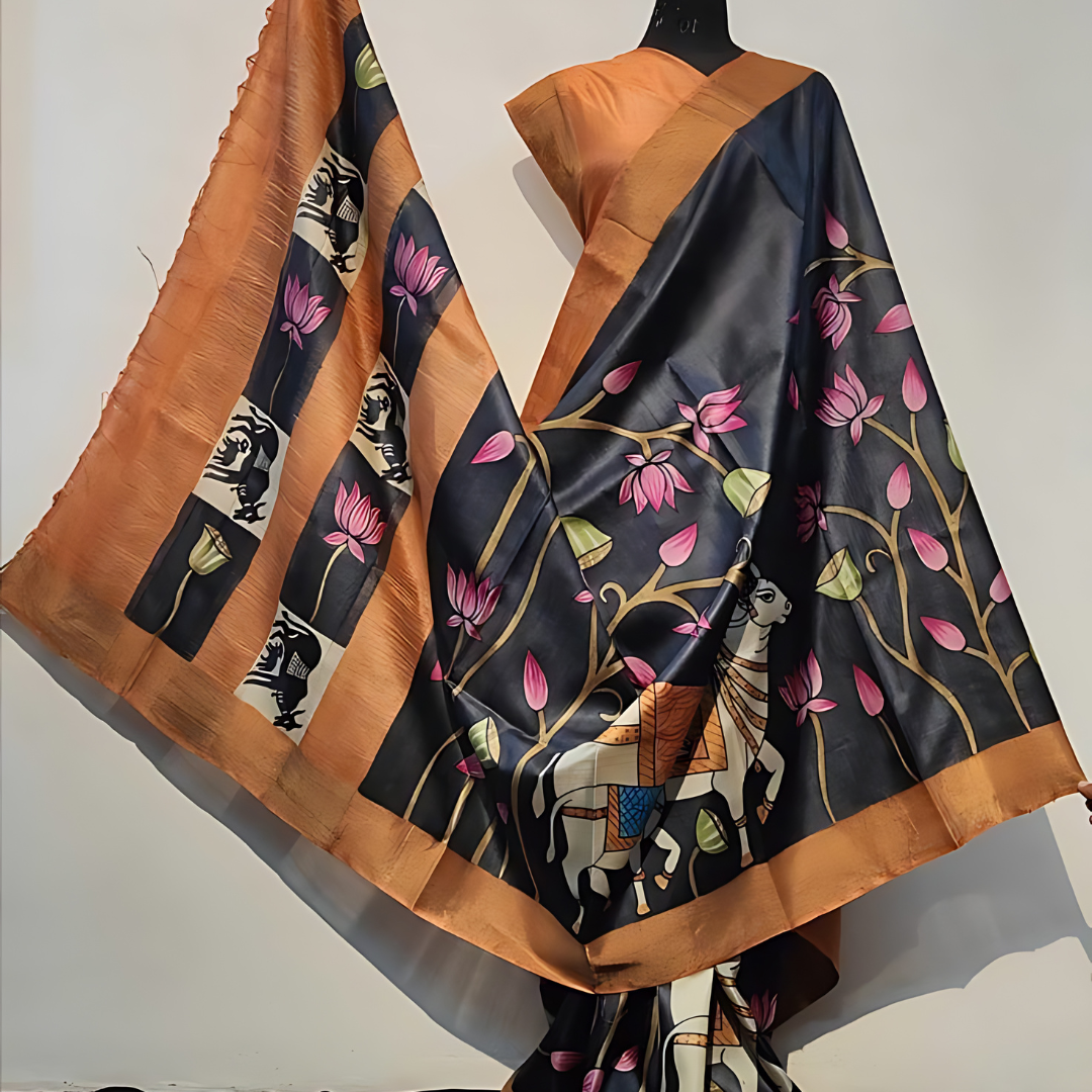 Luxurious Black Multicolor Premium Chanderi Cotton Silk Saree with Gold Patta