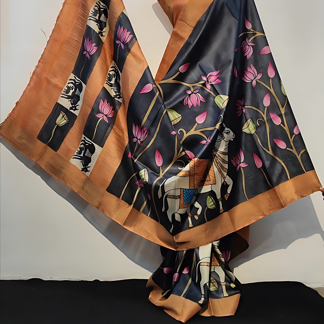 Luxurious Black Multicolor Premium Chanderi Cotton Silk Saree with Gold Patta