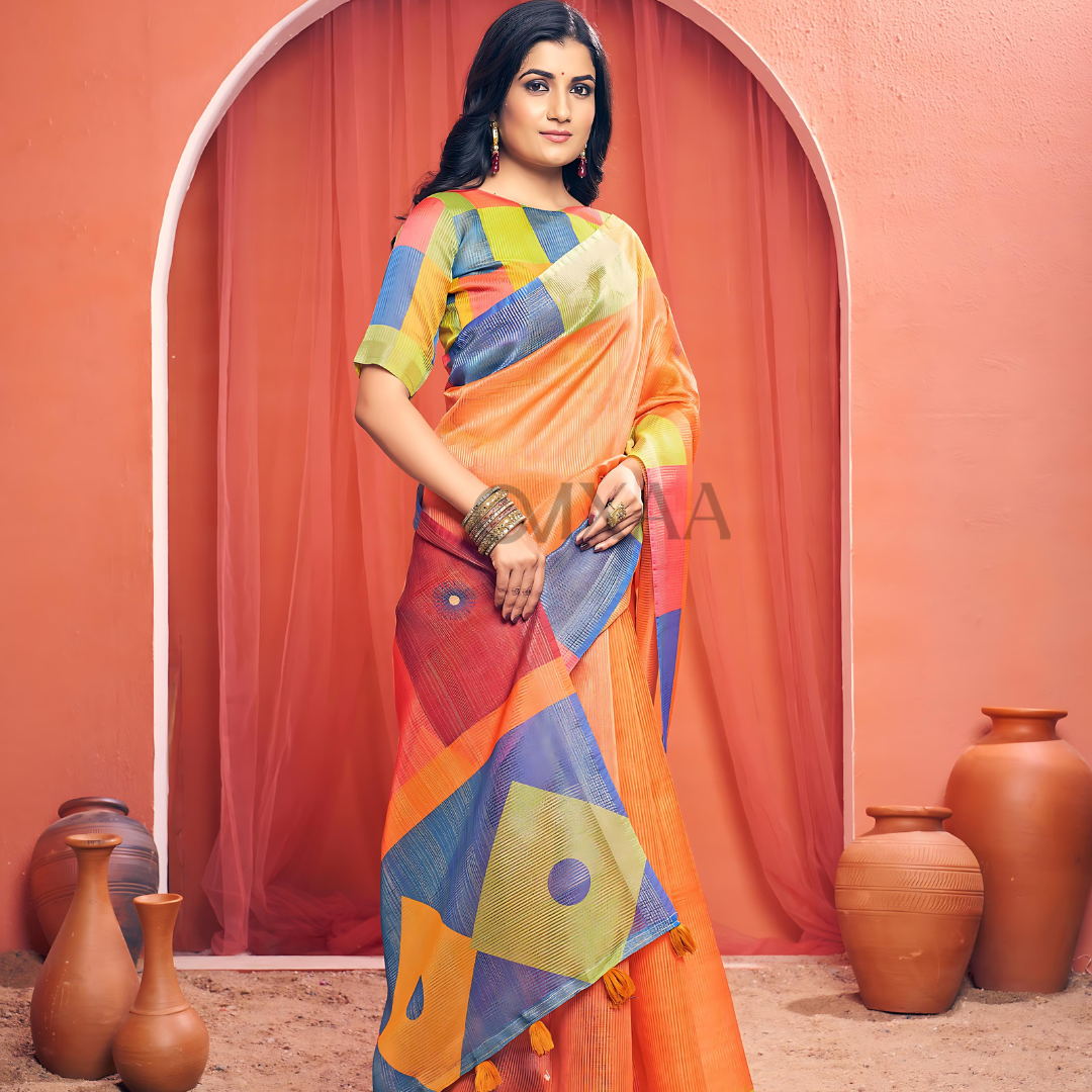 Elegant Orange Pure Linen Saree with Intricate Border Design