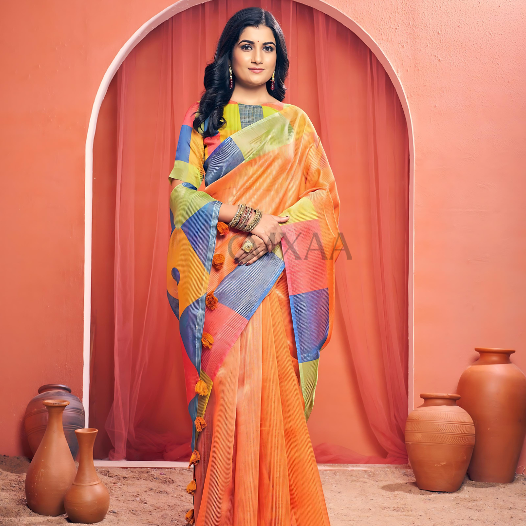 Elegant Orange Pure Linen Saree with Intricate Border Design