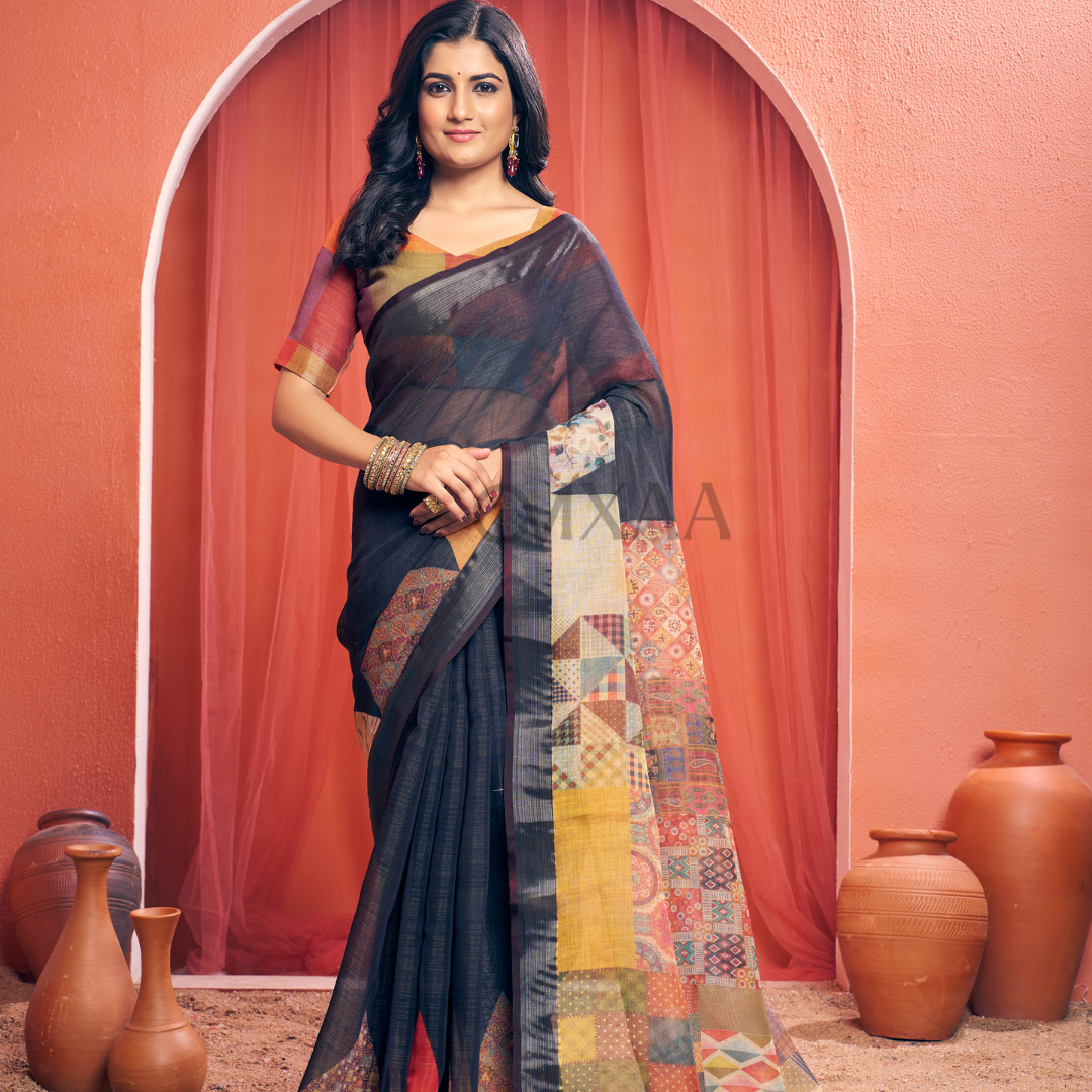 Timeless Black Pearl Pure Linen Saree with Elegant Border