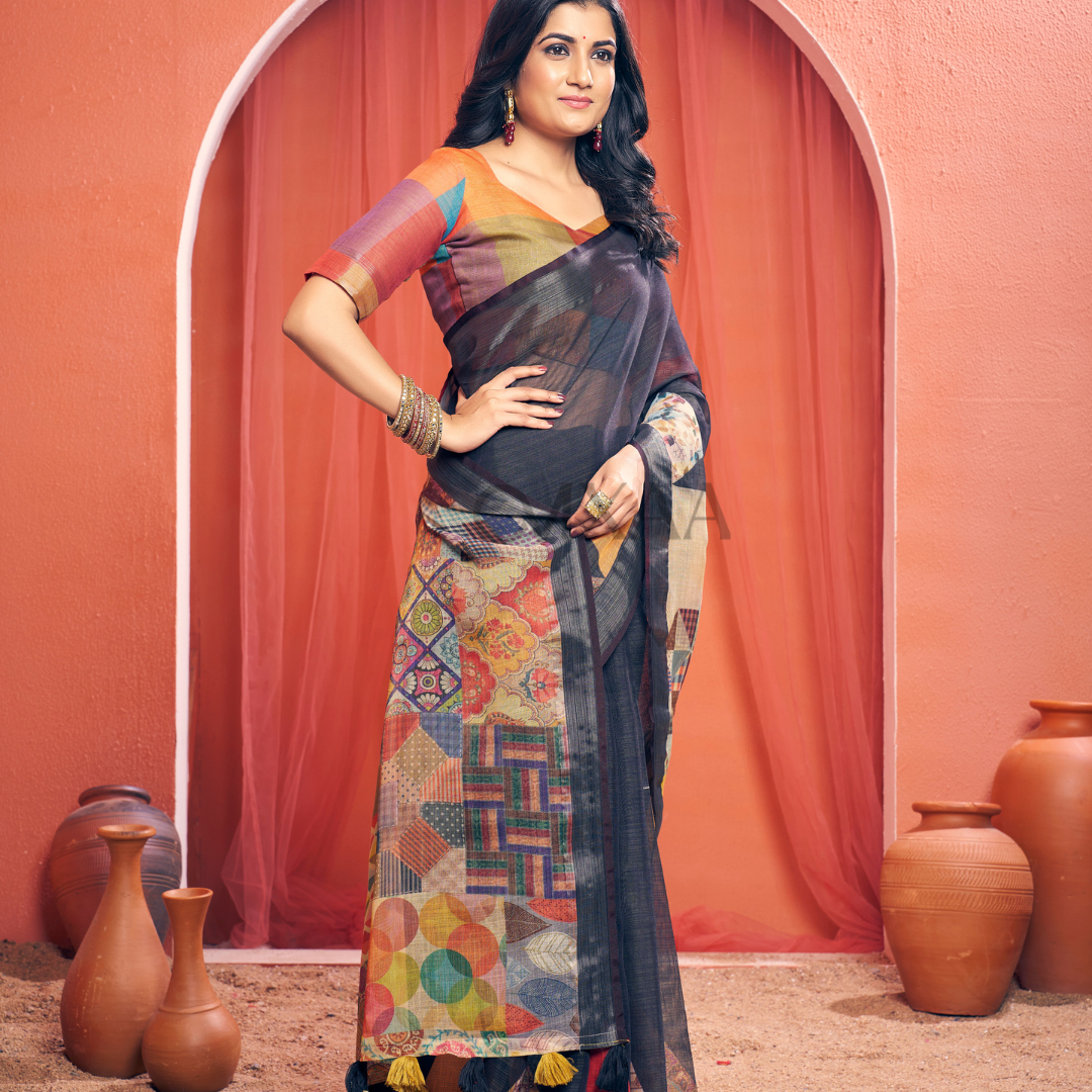 Timeless Black Pearl Pure Linen Saree with Elegant Border