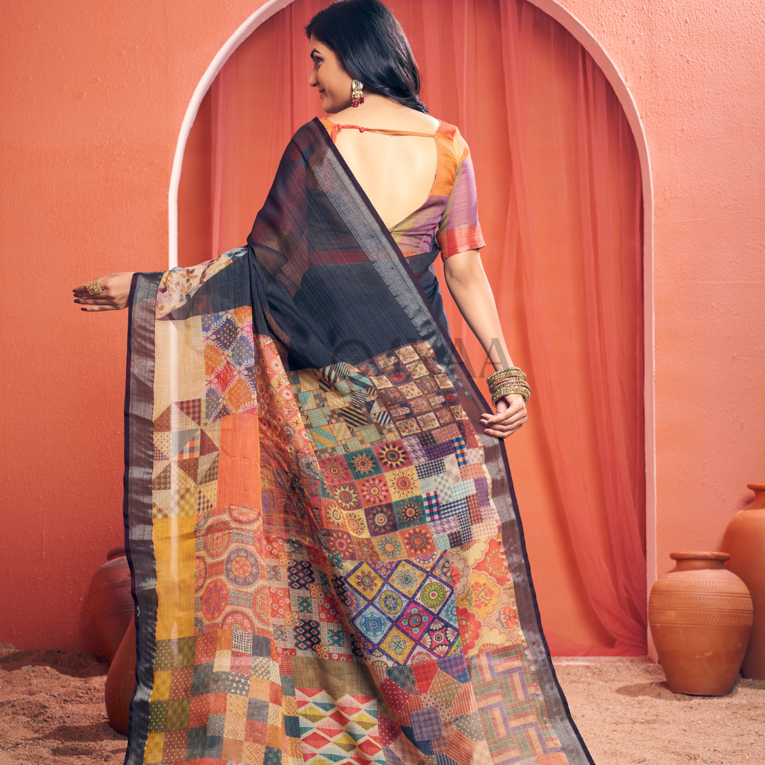 Timeless Black Pearl Pure Linen Saree with Elegant Border