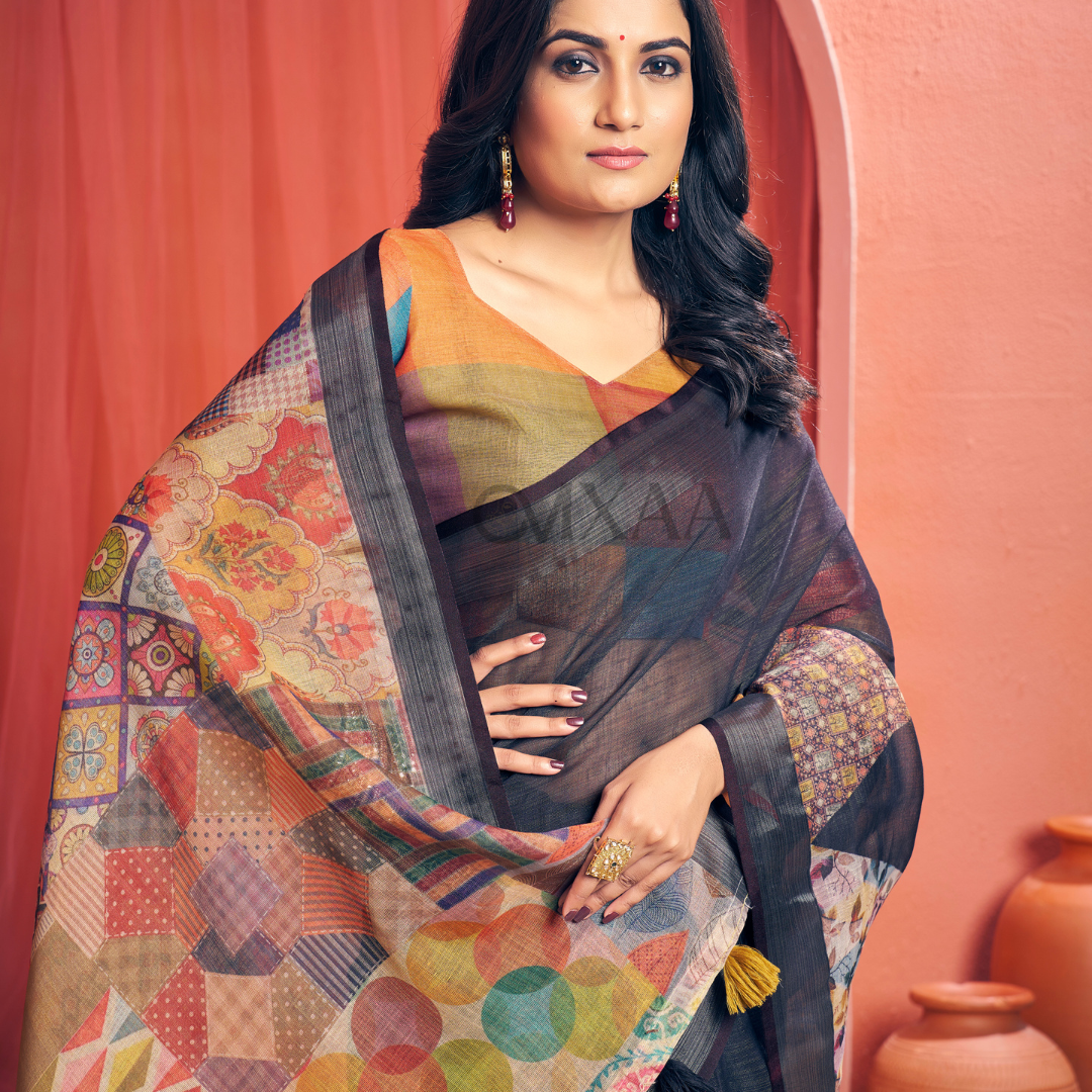 Timeless Black Pearl Pure Linen Saree with Elegant Border