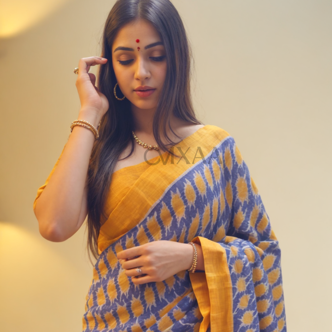 Sky Blue and Dusty Yellow Color Luxurious Plain Linen Saree