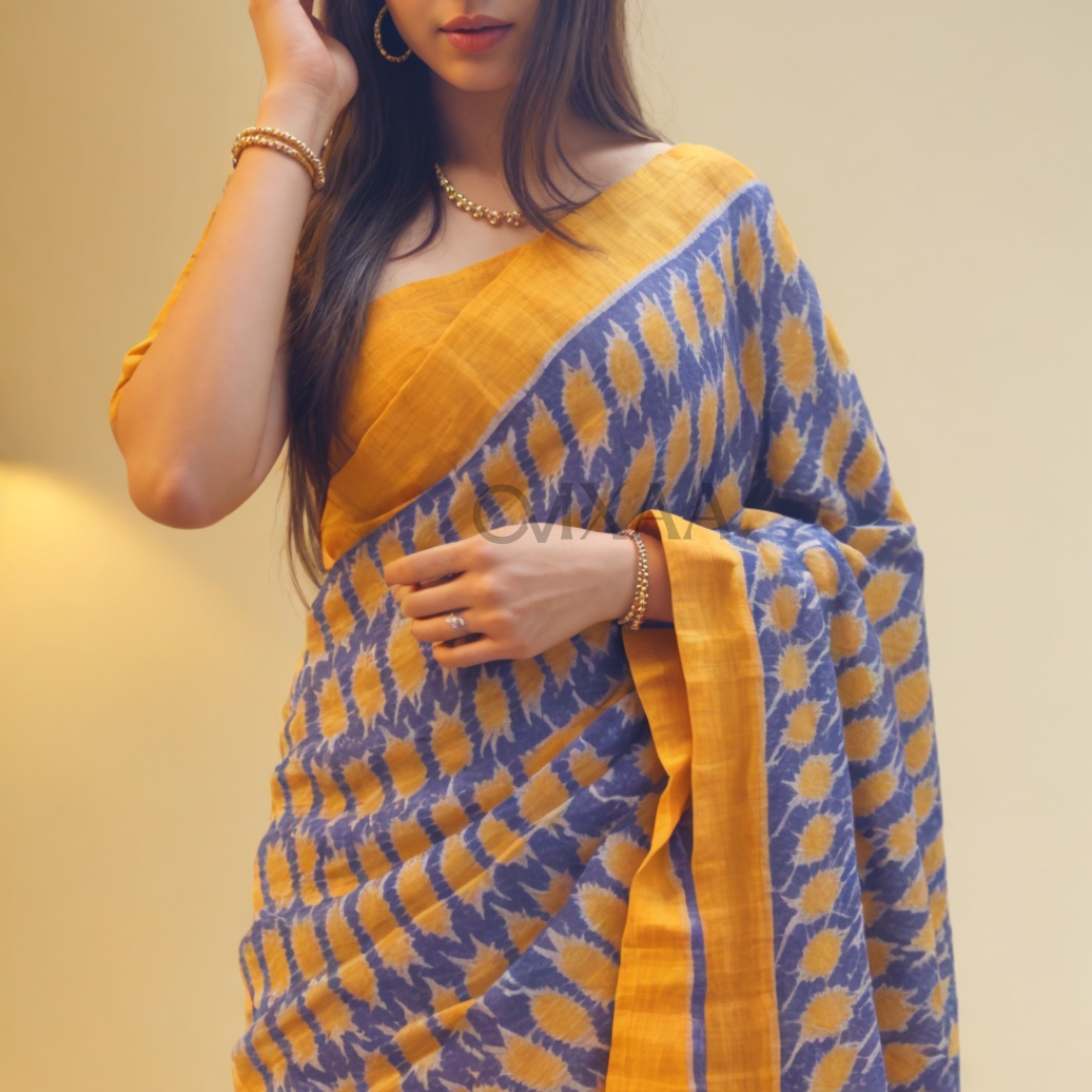 Sky Blue and Dusty Yellow Color Luxurious Plain Linen Saree