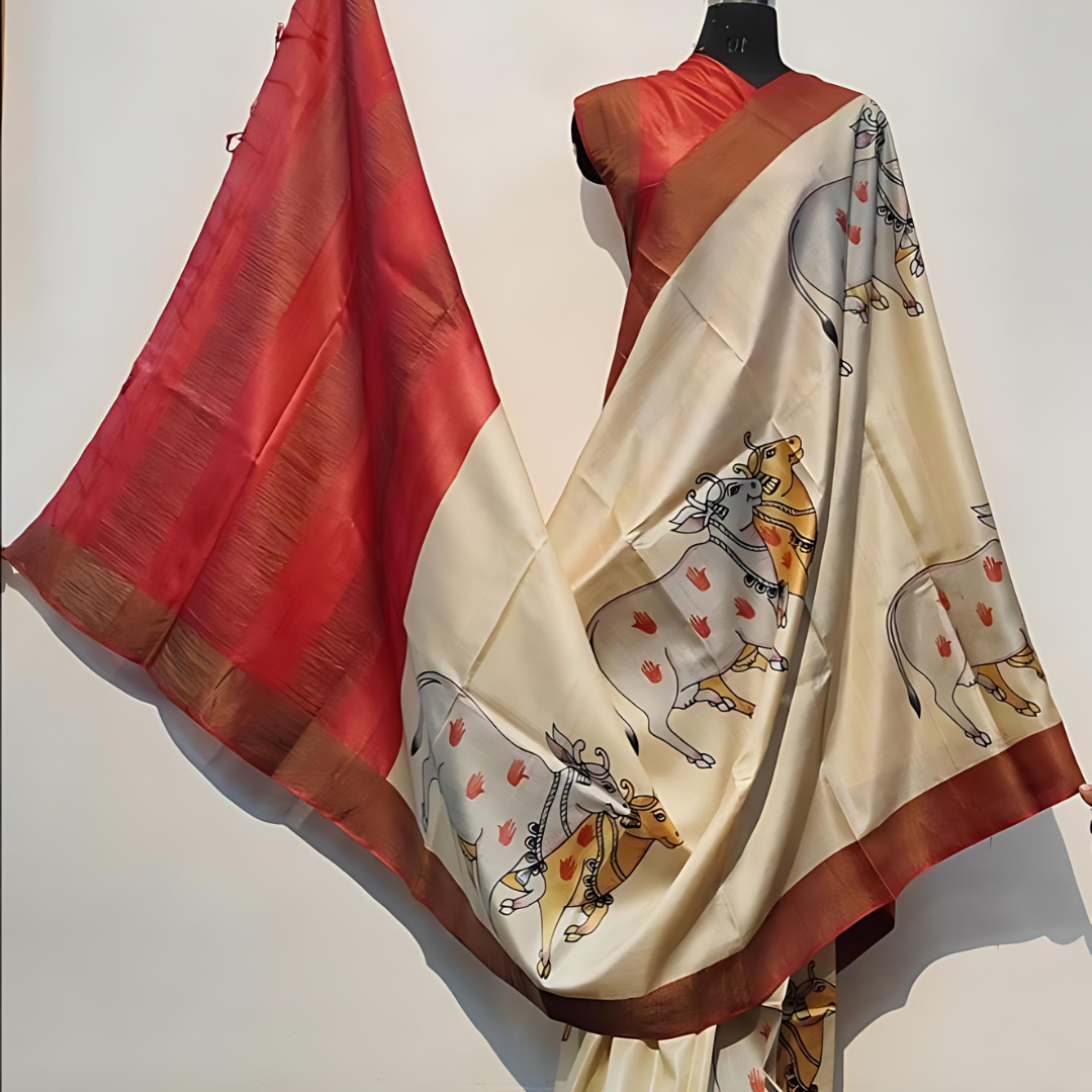 Luxurious Beige and Red Chanderi Cotton Silk Saree