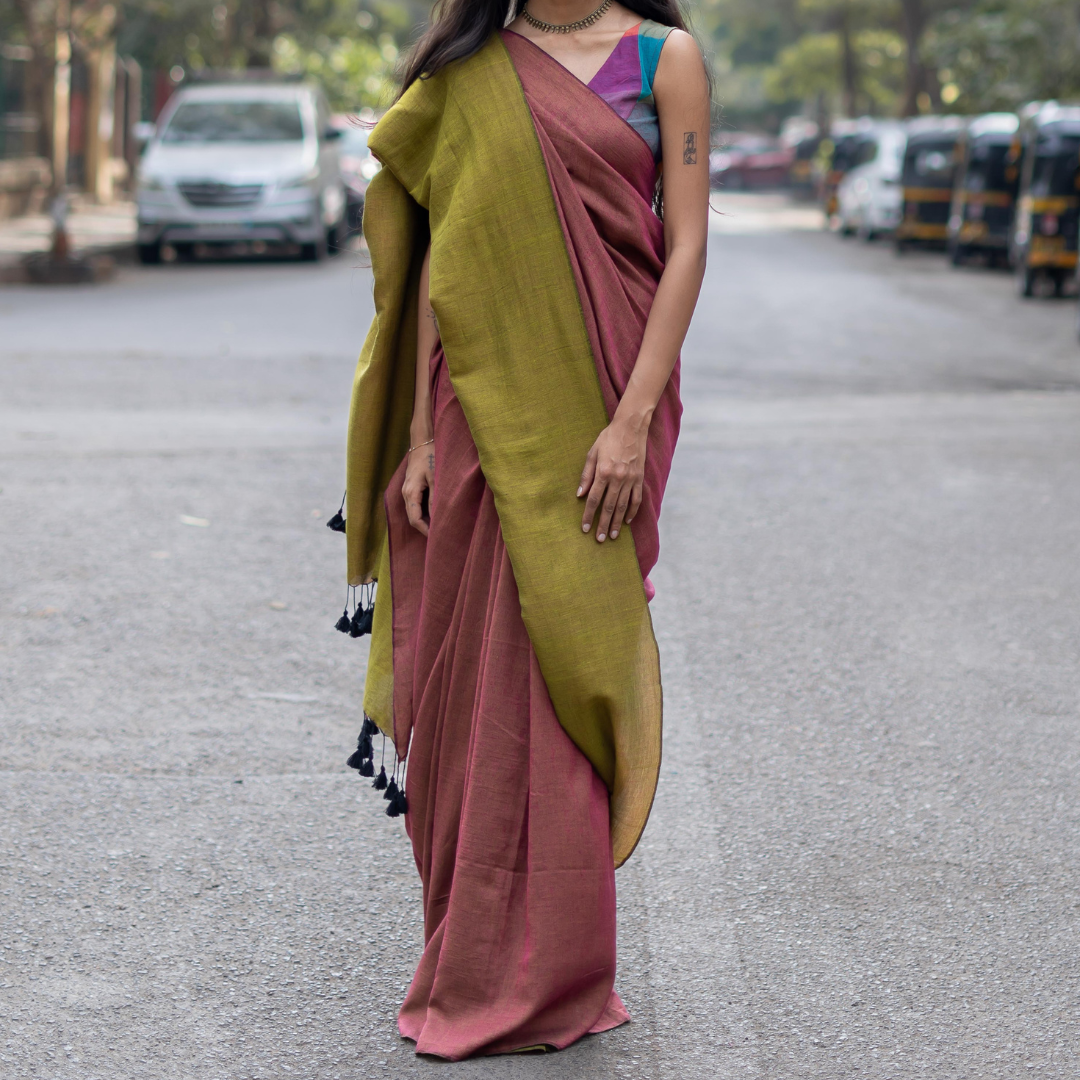 Green and Pink Handloom Cotton Saree