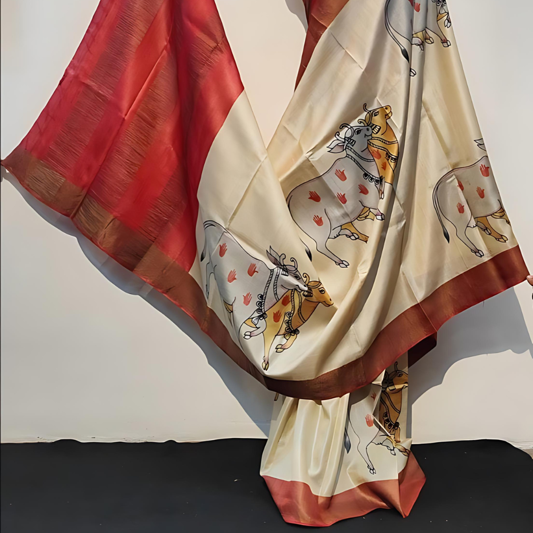 Luxurious Beige and Red Chanderi Cotton Silk Saree