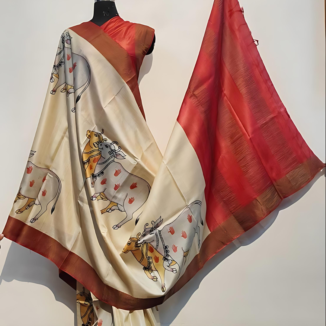 Luxurious Beige and Red Chanderi Cotton Silk Saree