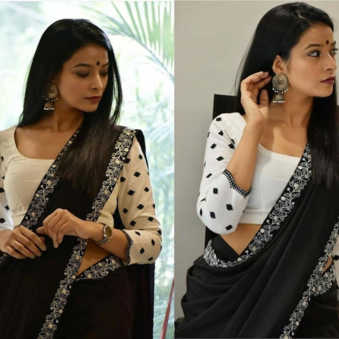 Timeless Chic- Black Color Latest Mulmul Cotton Saree-OVIXAA.COM