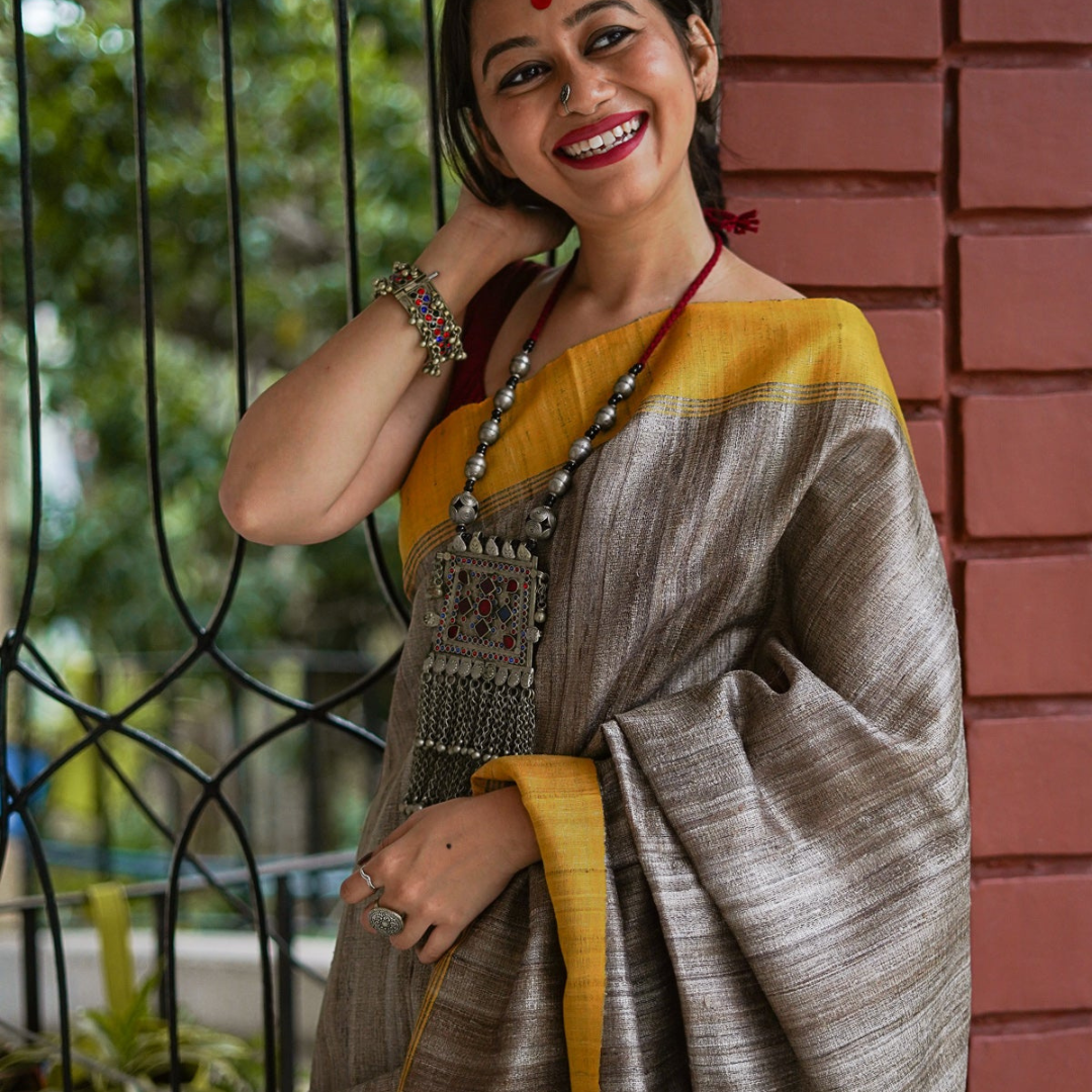 Ethereal Radiance- Greige and Yellow Handloom Cotton Saree