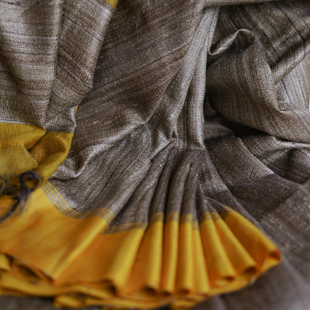 Ethereal Radiance- Greige and Yellow Handloom Cotton Saree