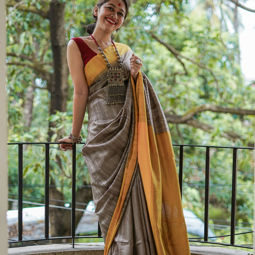 Ethereal Radiance- Greige and Yellow Handloom Cotton Saree