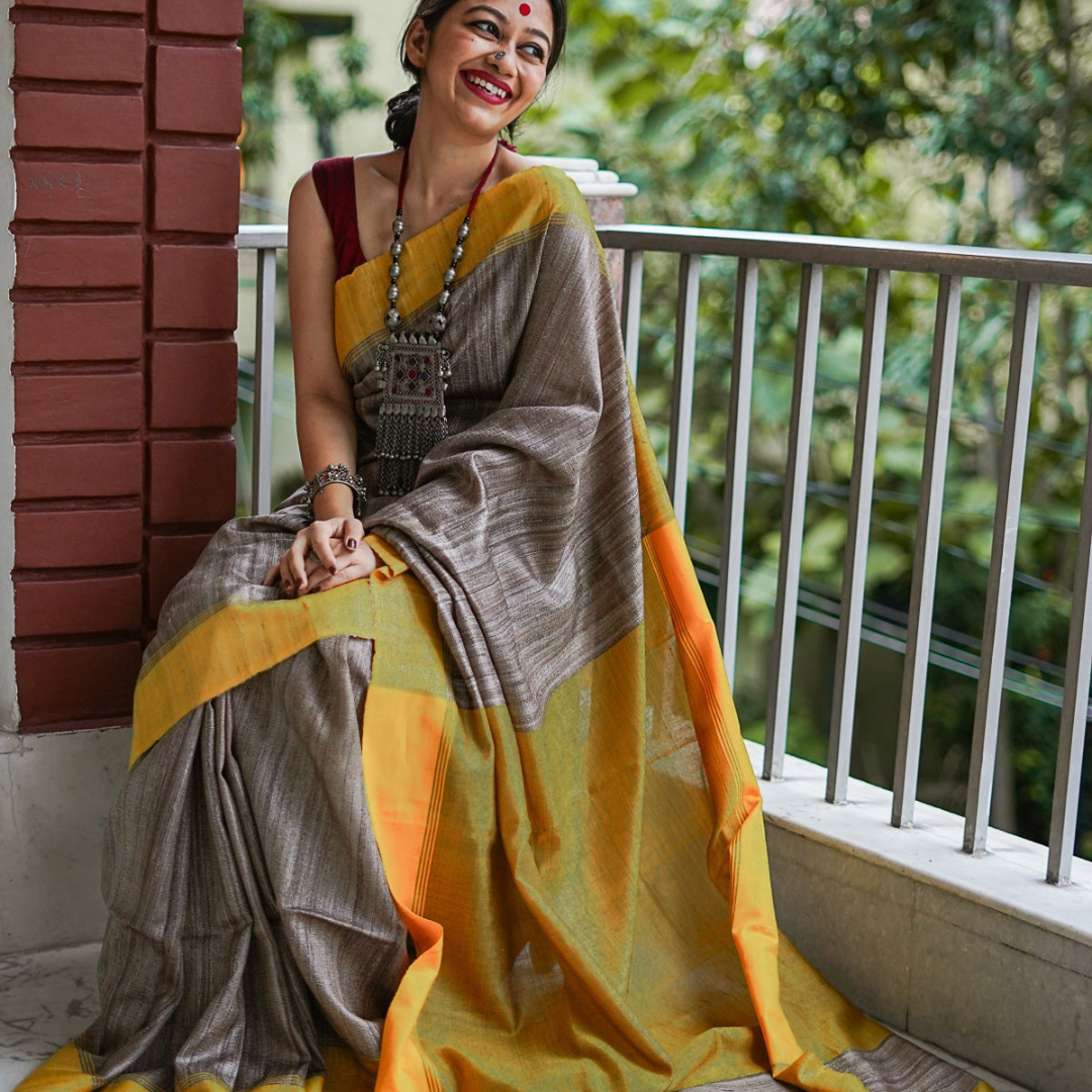 Ethereal Radiance- Greige and Yellow Handloom Cotton Saree