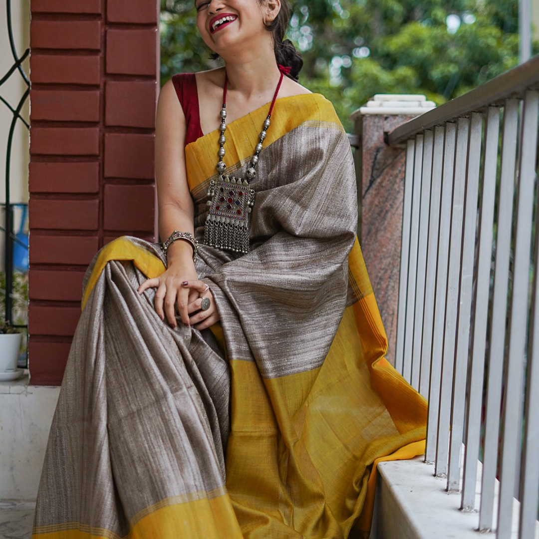 Ethereal Radiance- Greige and Yellow Handloom Cotton Saree