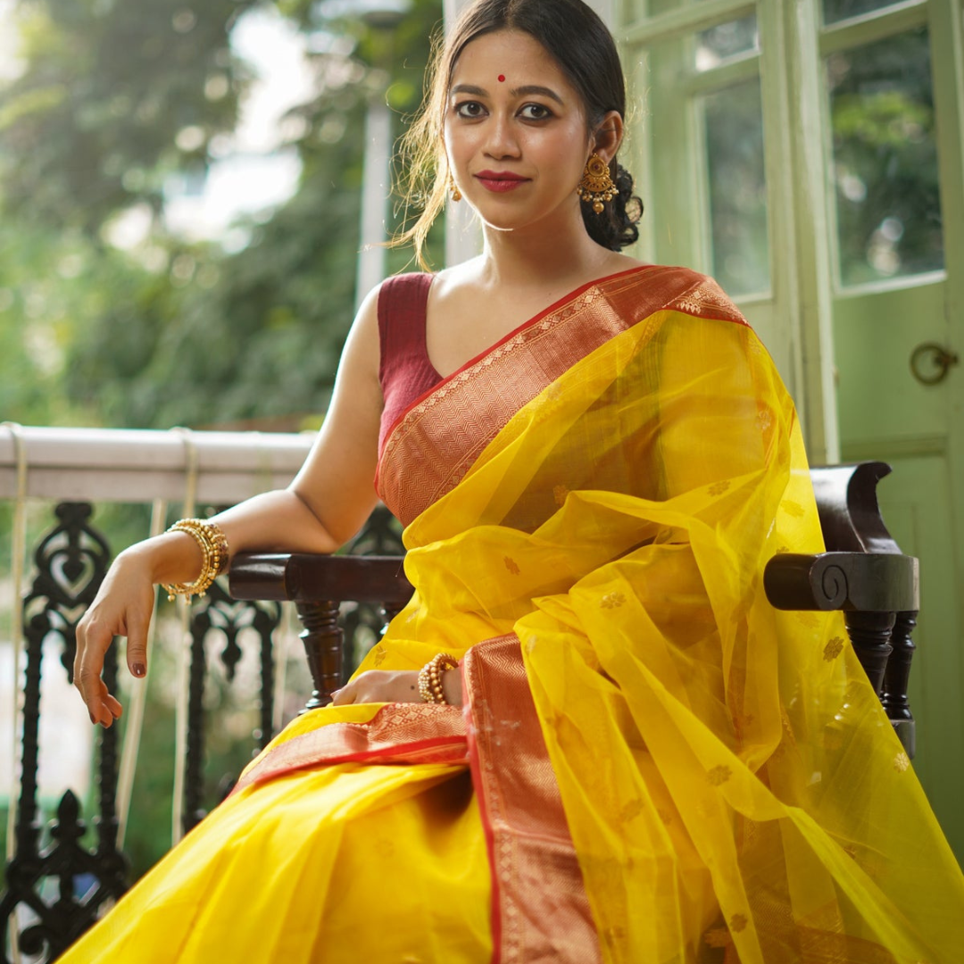 Sunset Symphony- Yellow and Red Handloom Chanderi Silk Saree