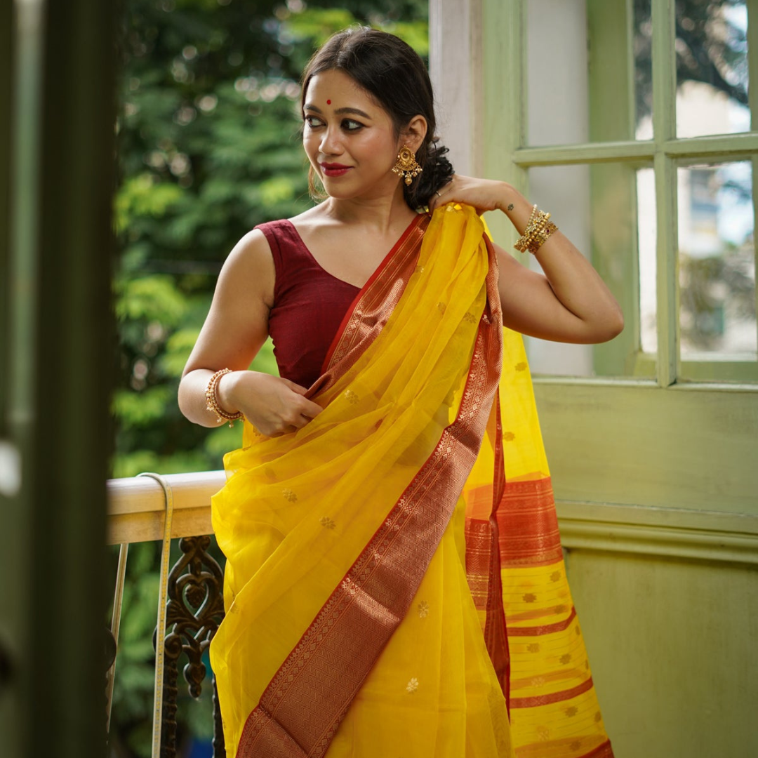 Sunset Symphony- Yellow and Red Handloom Chanderi Silk Saree