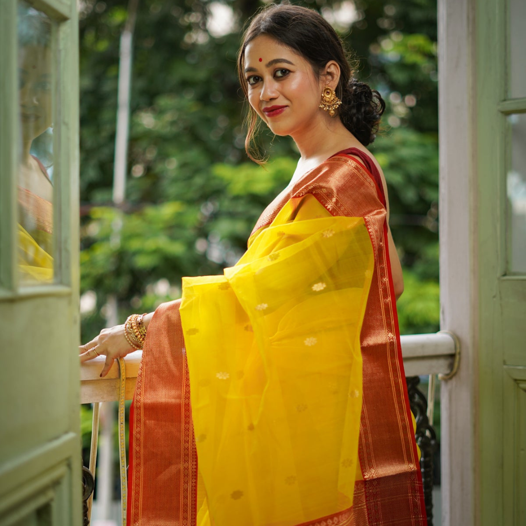 Sunset Symphony- Yellow and Red Handloom Chanderi Silk Saree