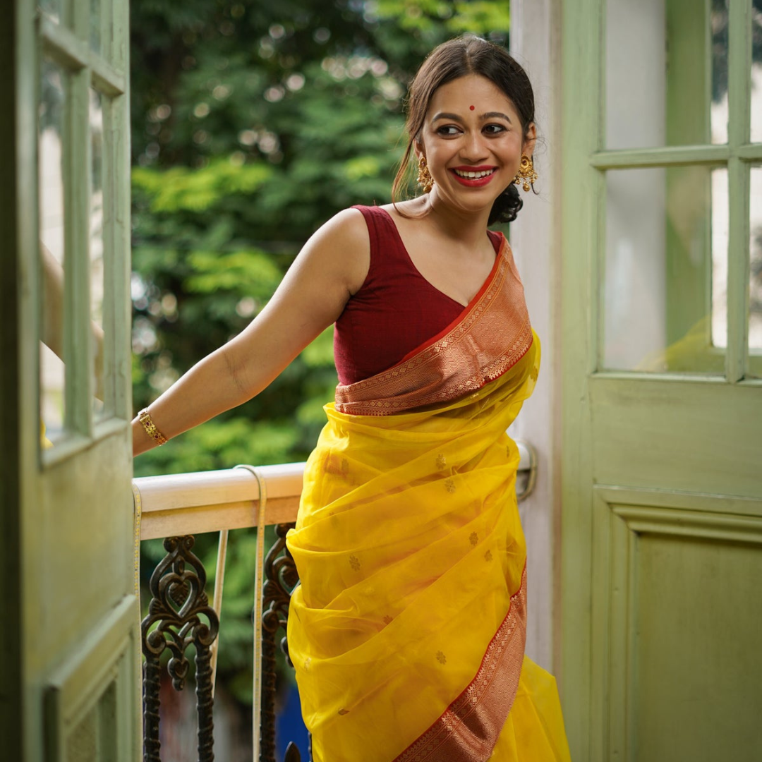 Sunset Symphony- Yellow and Red Handloom Chanderi Silk Saree