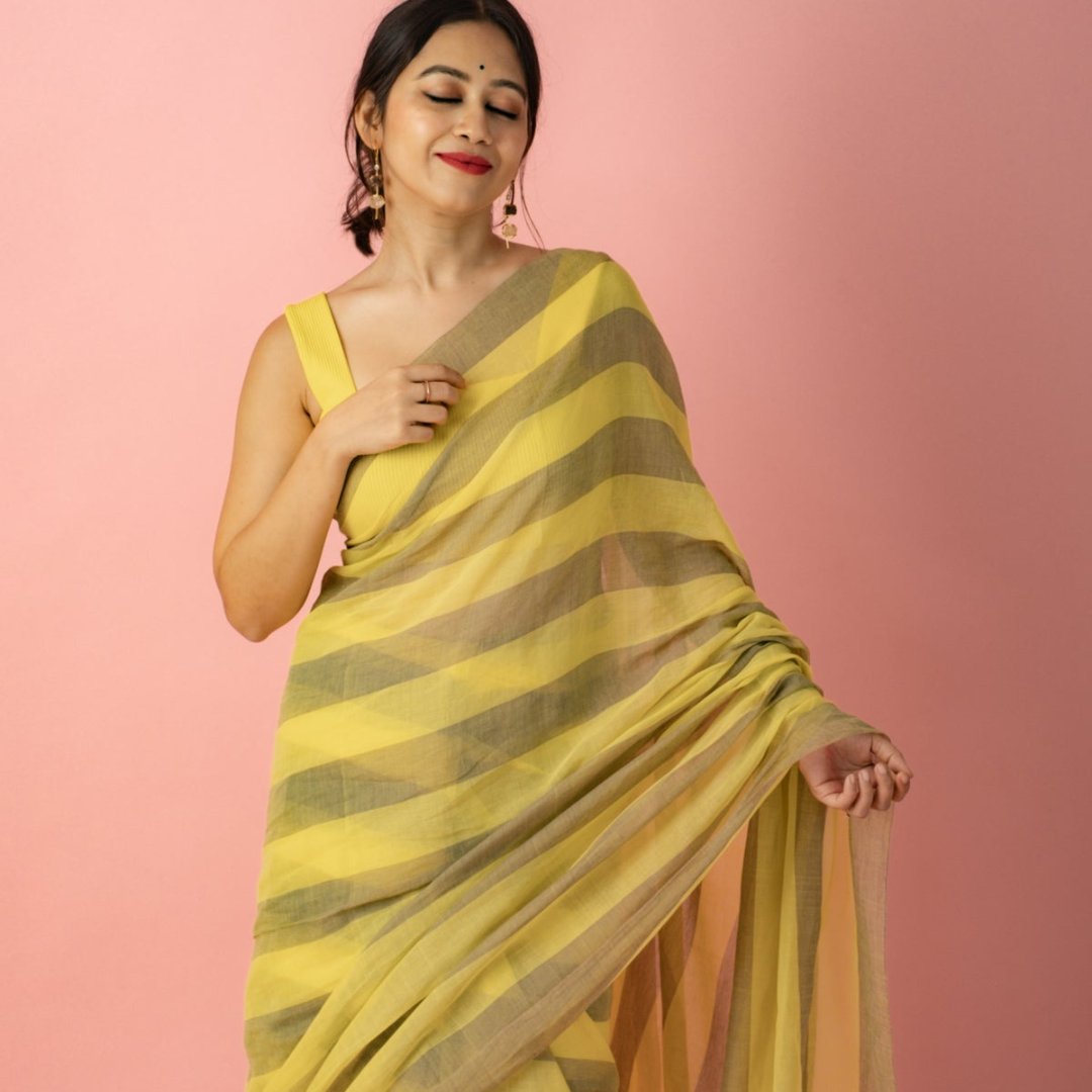 Bright Lemon Yellow and Grey Pure Muslin Saree