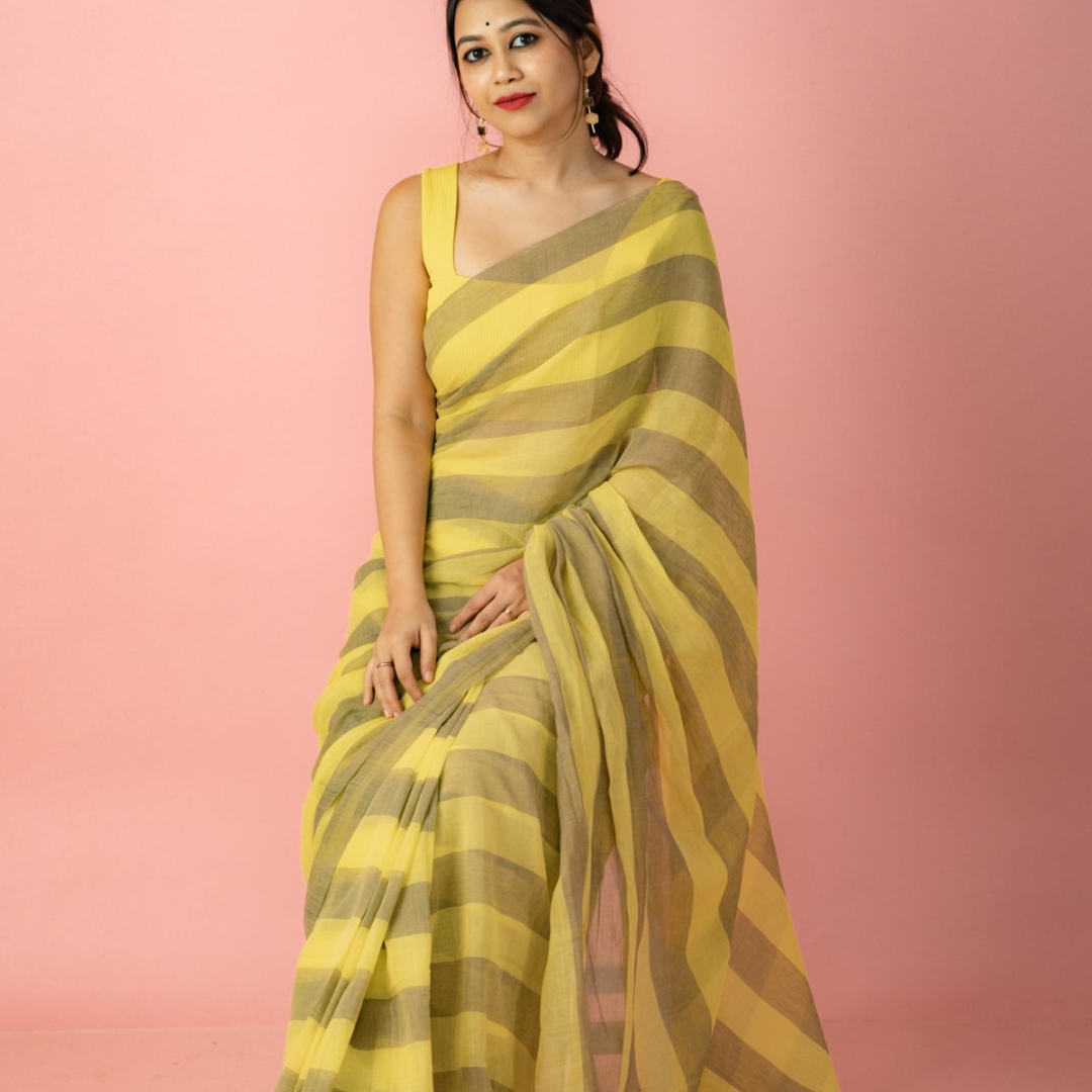 Bright Lemon Yellow and Grey Pure Muslin Saree