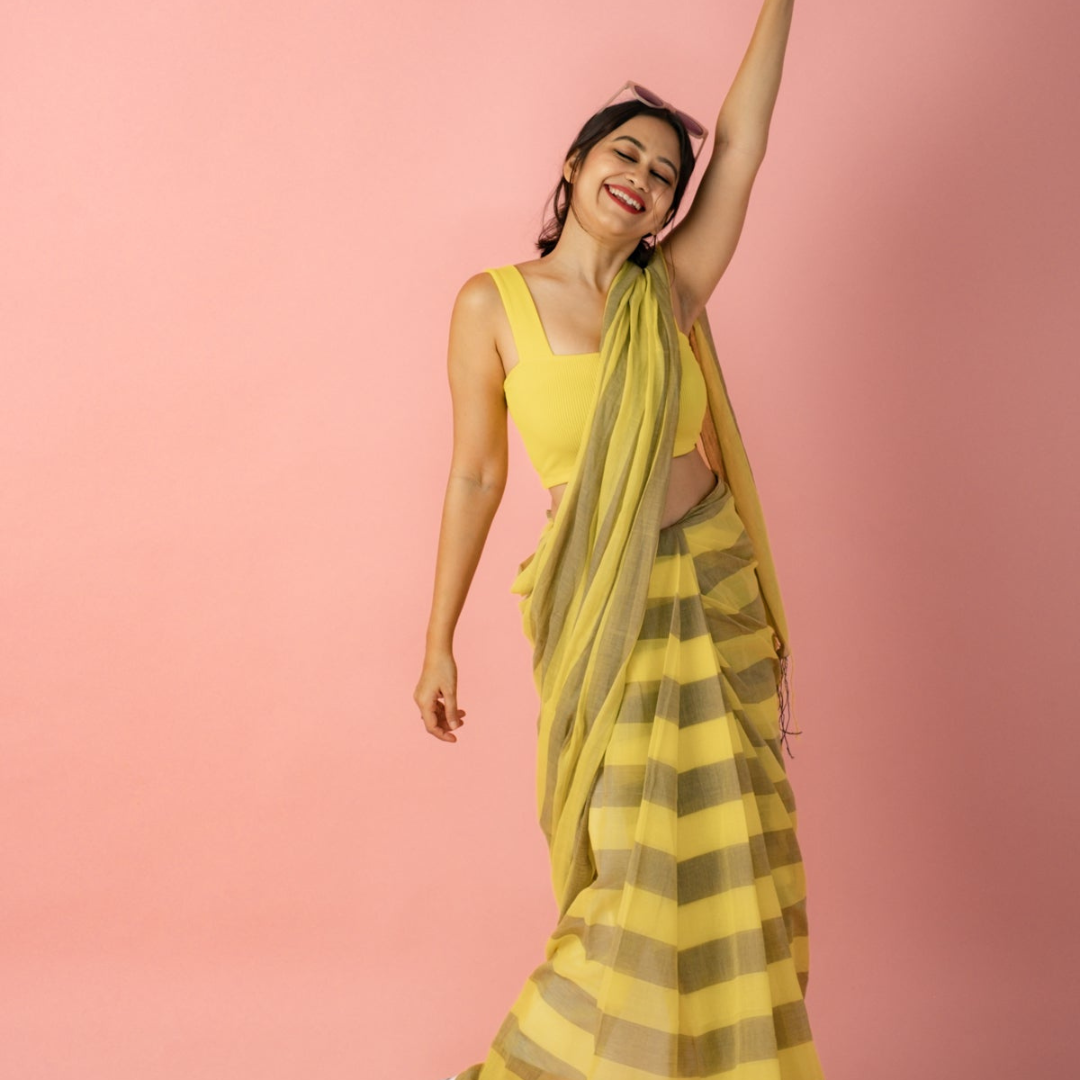 Bright Lemon Yellow and Grey Pure Muslin Saree