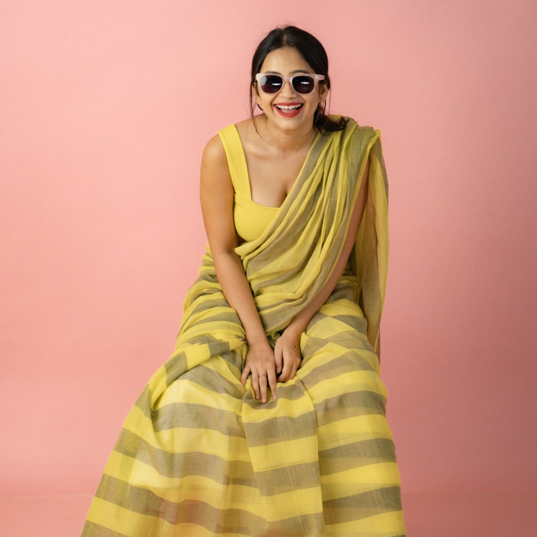 Bright Lemon Yellow and Grey Pure Muslin Saree