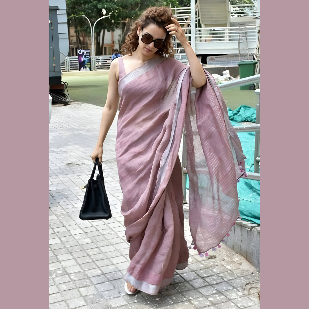 Pure Linen Saree with Silver Patta