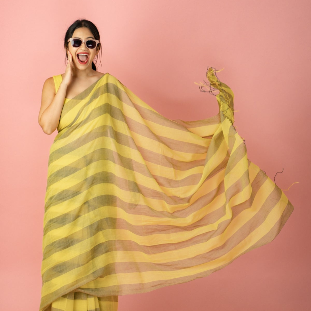 Bright Lemon Yellow and Grey Pure Muslin Saree