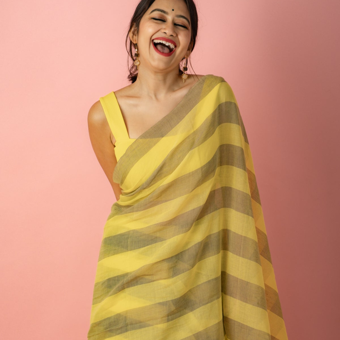 Bright Lemon Yellow and Grey Pure Muslin Saree