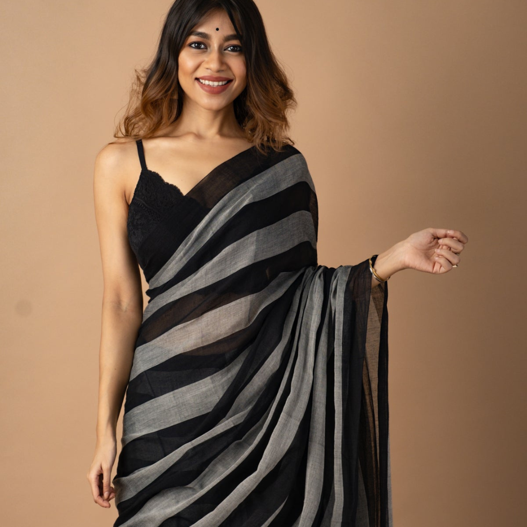 Black and Grey Pure Muslin Saree