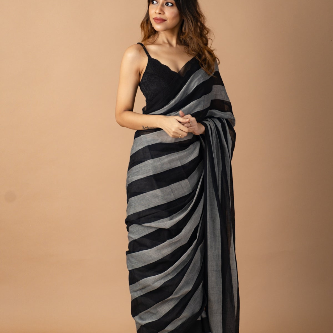 Black and Grey Pure Muslin Saree