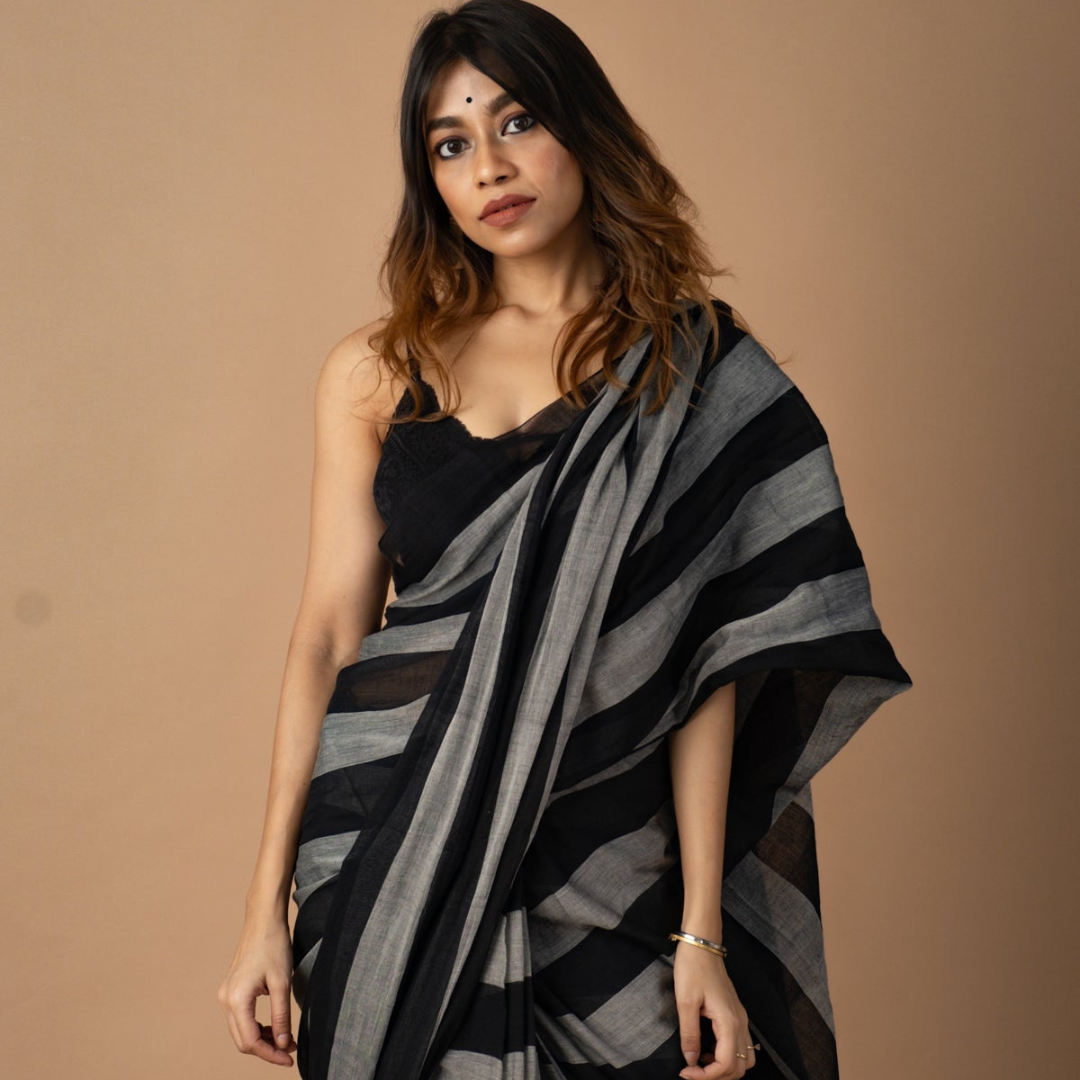 Black and Grey Pure Muslin Saree