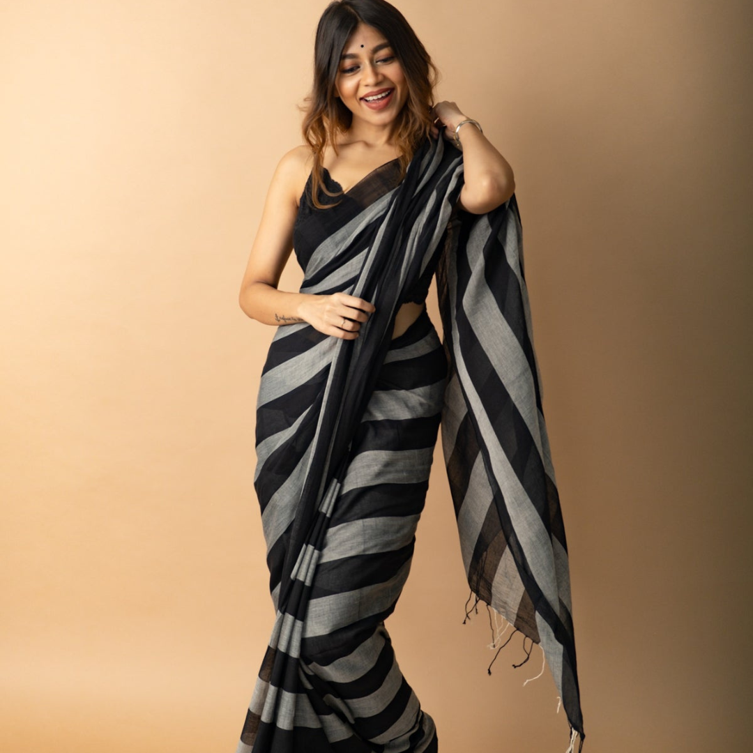 Black and Grey Pure Muslin Saree