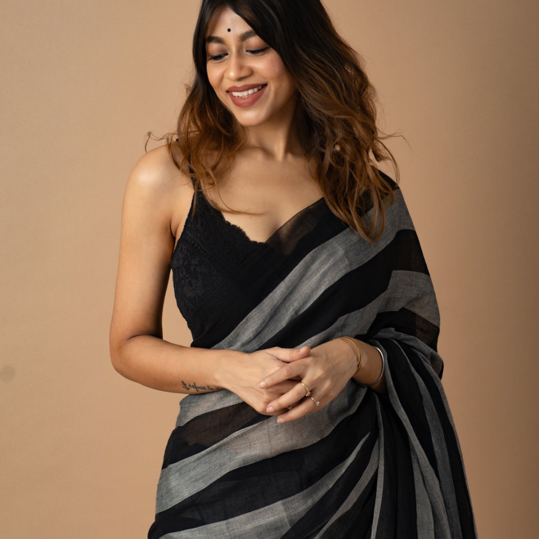 Black and Grey Pure Muslin Saree