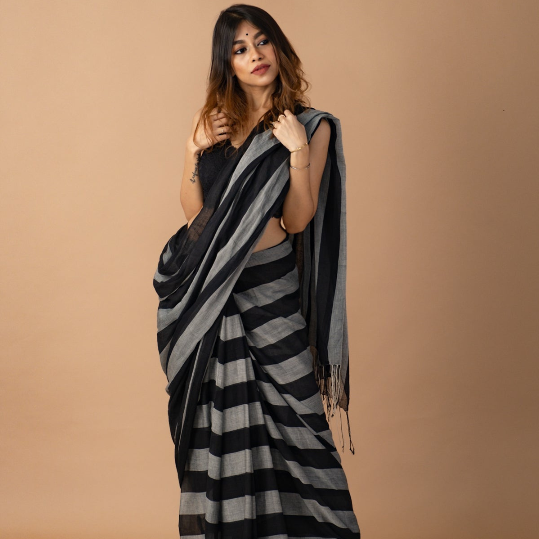 Black and Grey Pure Muslin Saree