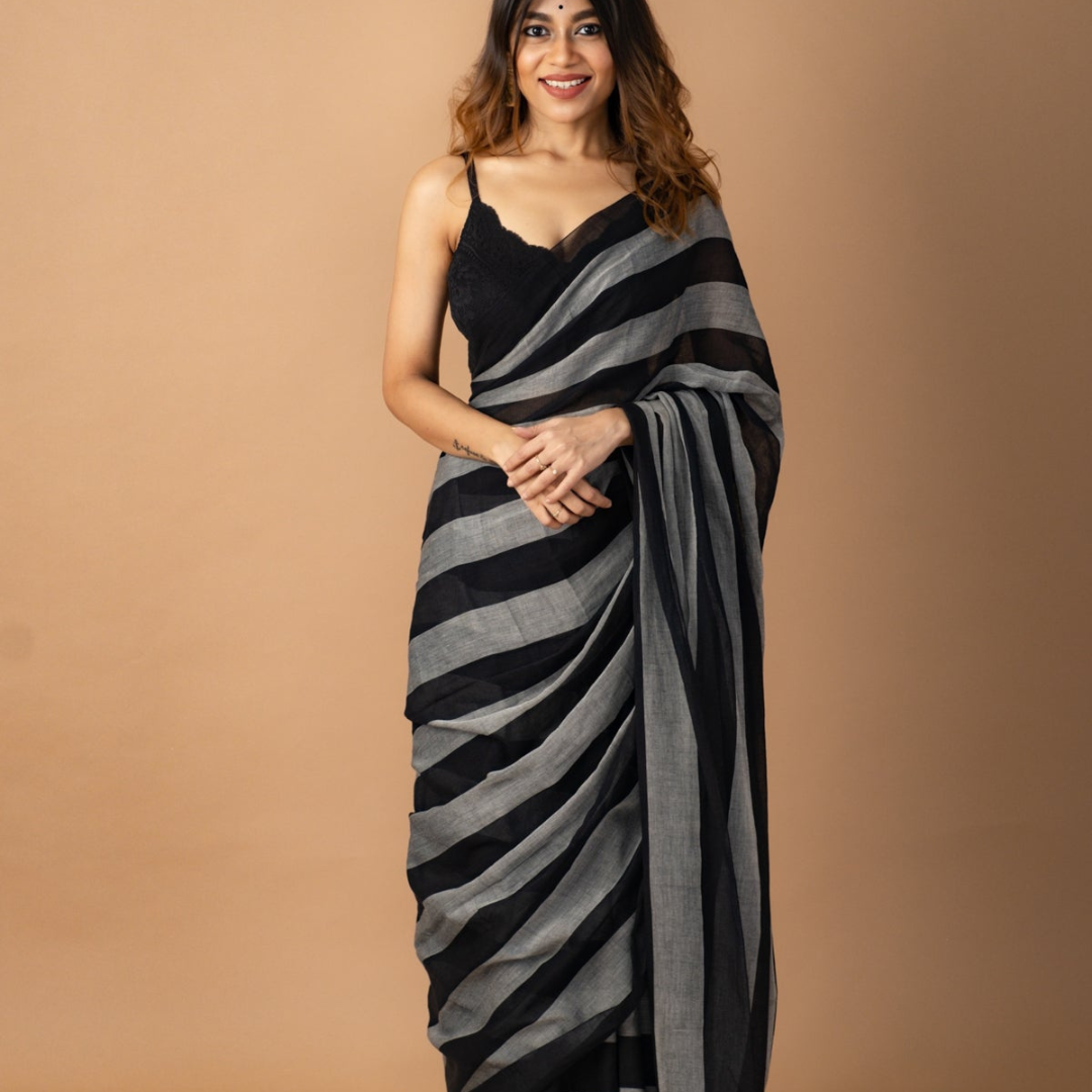 Black and Grey Pure Muslin Saree