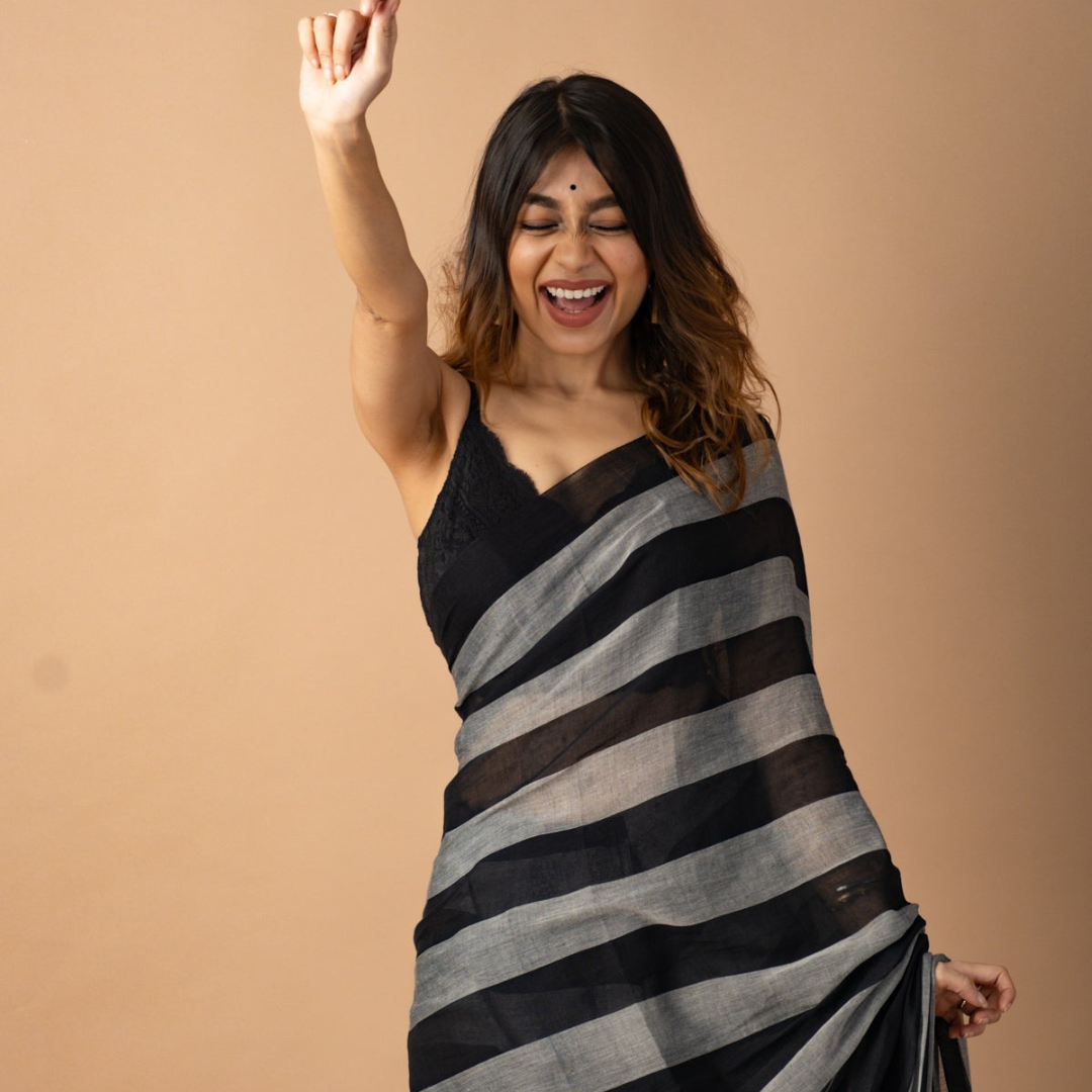 Black and Grey Pure Muslin Saree