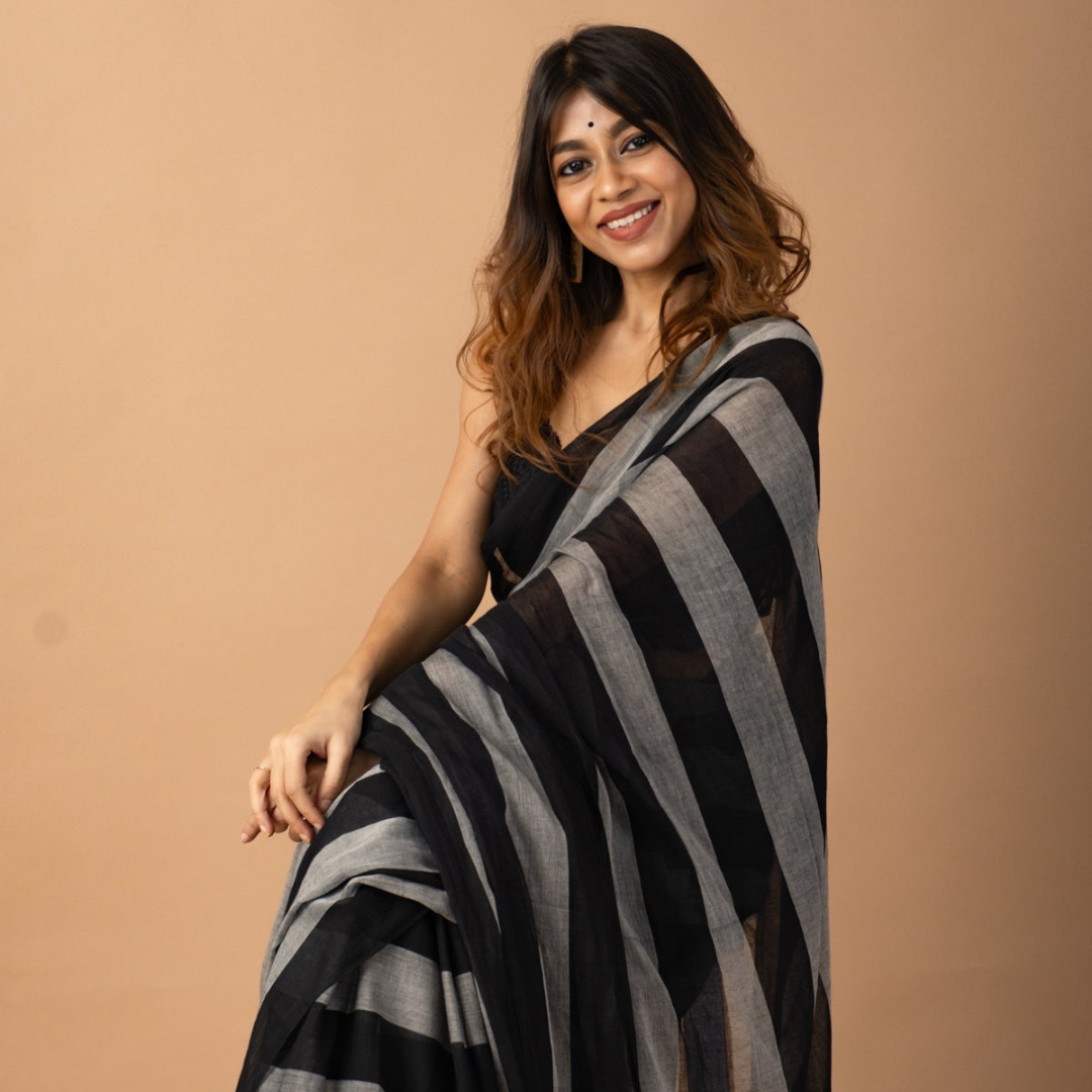 Black and Grey Pure Muslin Saree