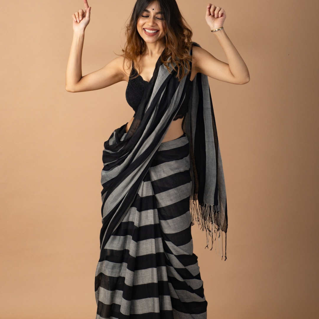 Black and Grey Pure Muslin Saree