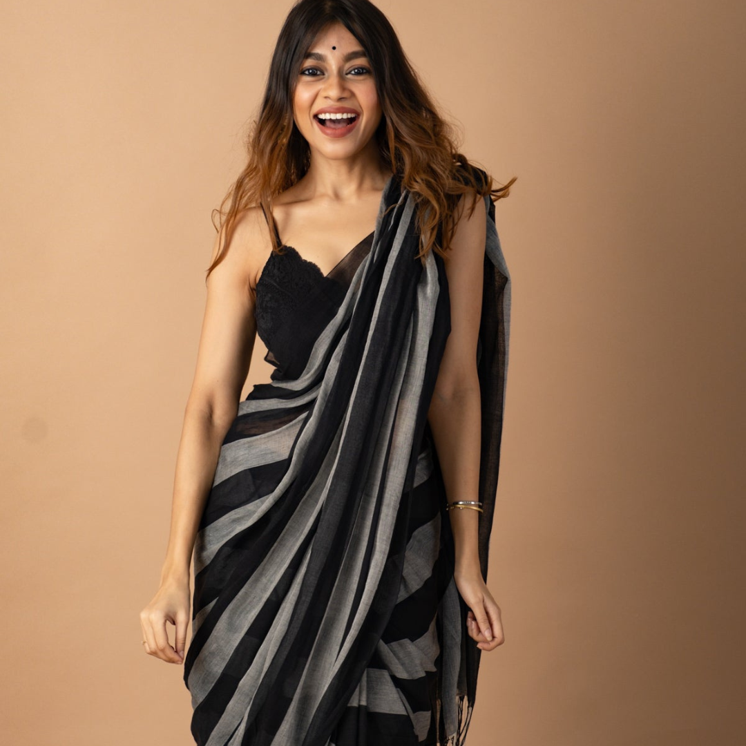 Black and Grey Pure Muslin Saree