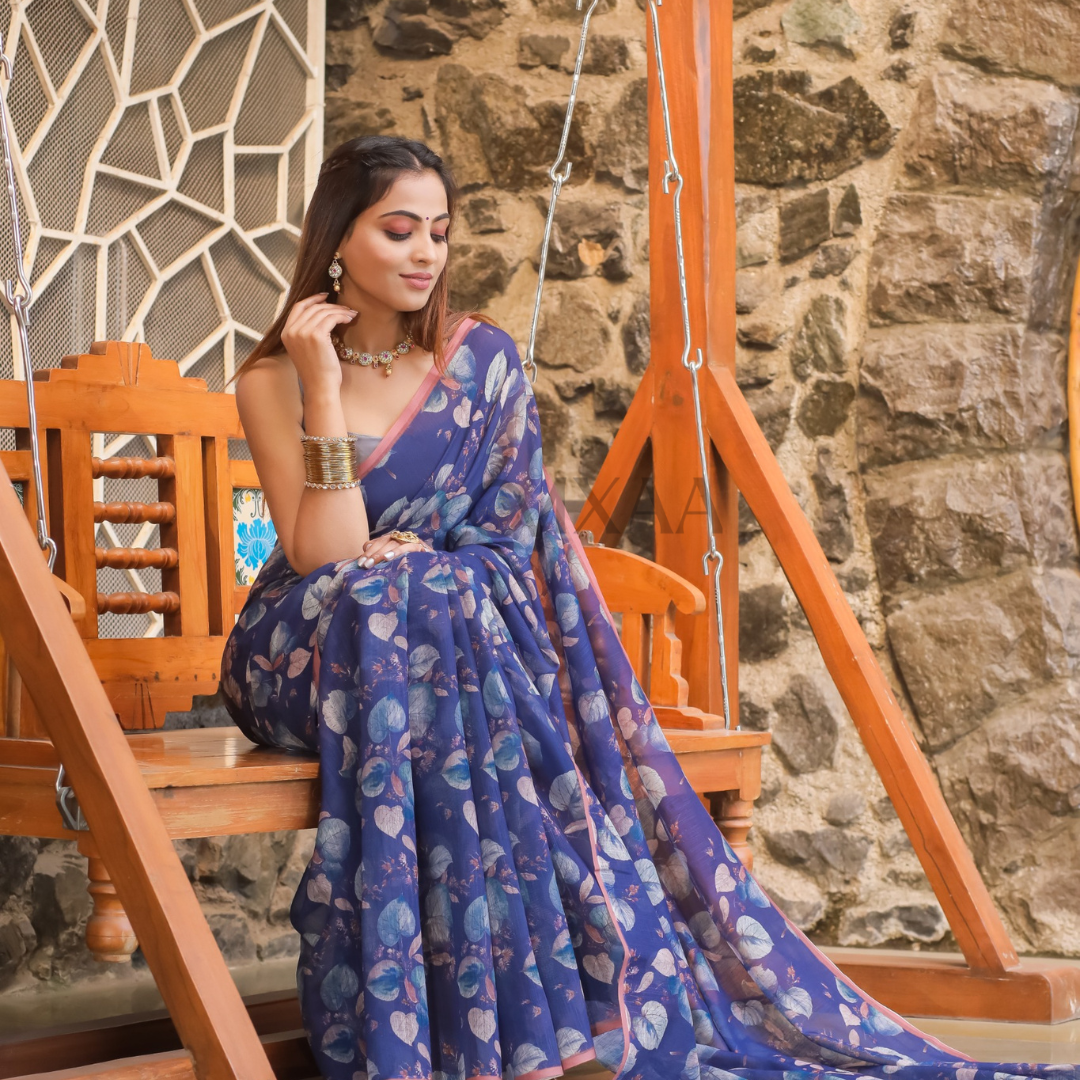 Purply Blue Luxurious Plain Linen Saree