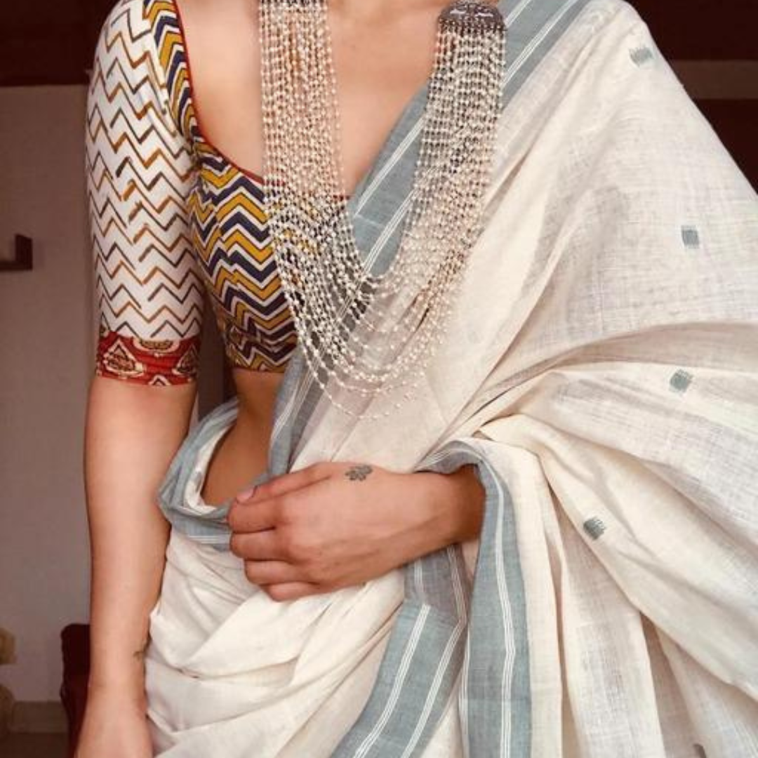 Ethereal Harmony- Cream and Grey Printed Chanderi Cotton Silk Saree